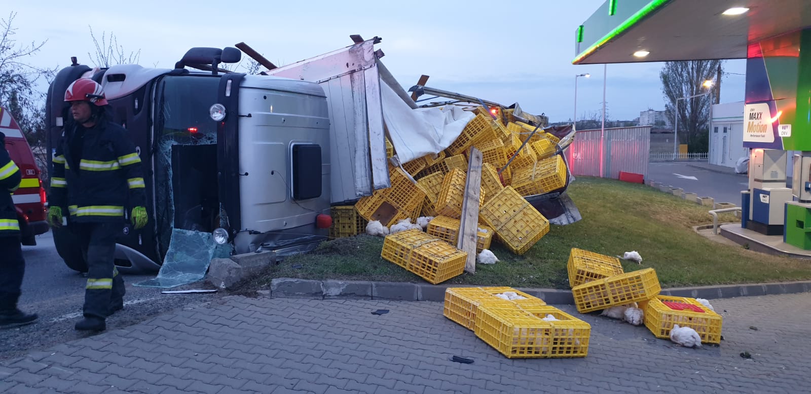Un camion încărcat cu pui, răsturnat în apropierea podului de la Mărăcineni