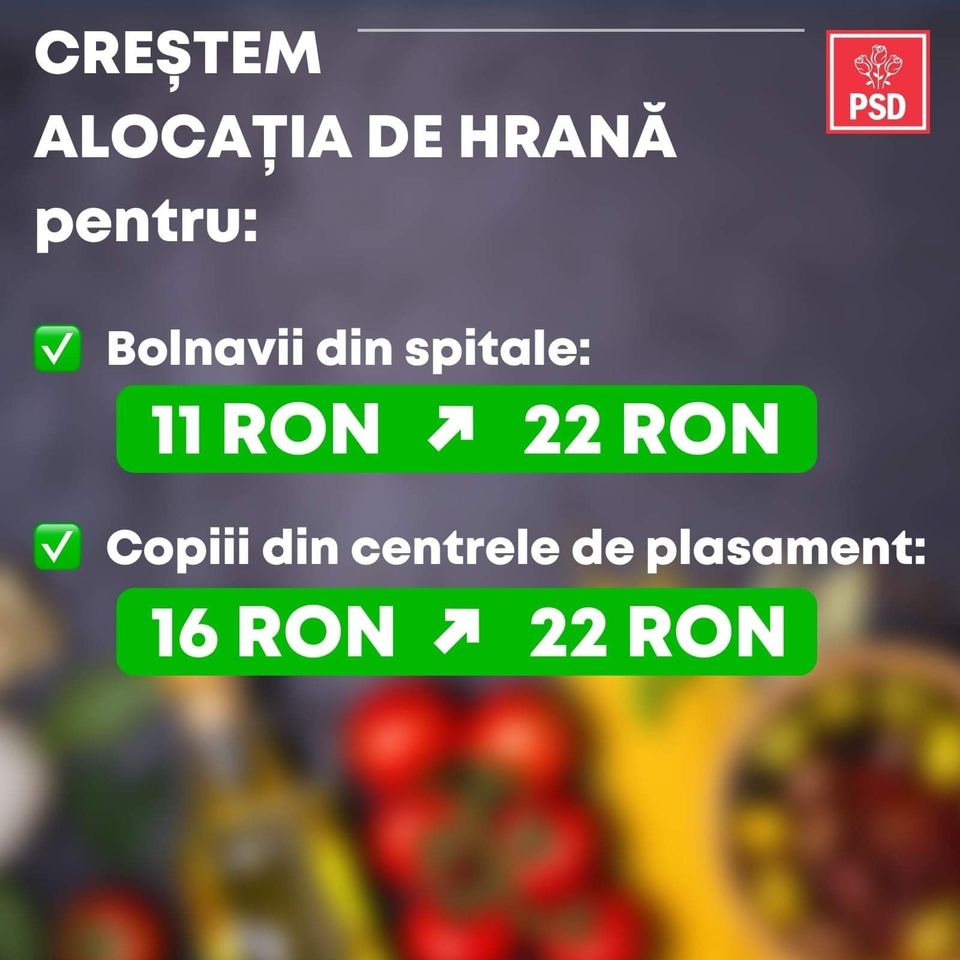Se dublează valorea normei de hrană pentru pacienții internați în spitale și copiii din centrele de plasament